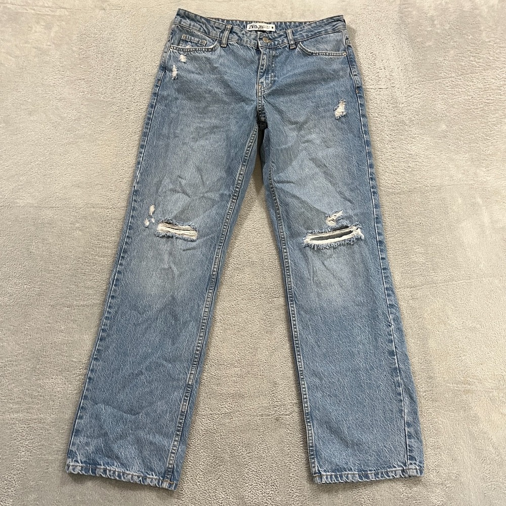Zara Denim Jeans Womens 6 Straight Blue Distressed Festival Y2K Southwestern